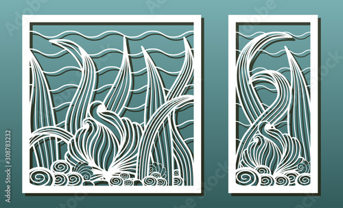 Vector set of panels for laser cutting. Templates for wood or metal cut, fretwork stencil, paper art, card or interior design. Abstract underwater pattern with floral and sea shell elements.