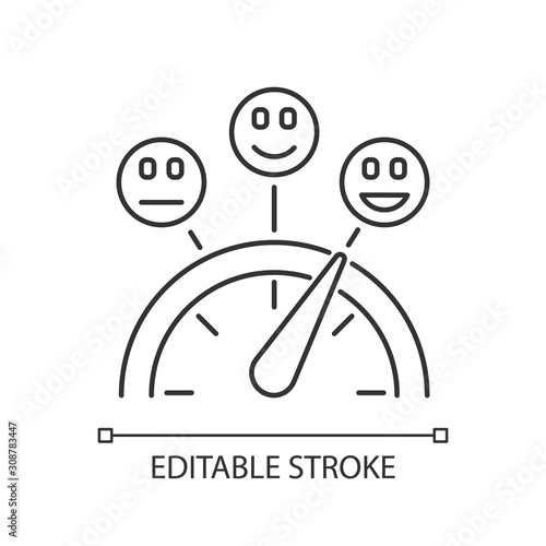 Satisfaction level linear icon. Good, neutral and bad experience. Emotion meter. Scale with emoticons. Thin line illustration. Contour symbol. Vector isolated outline drawing. Editable stroke