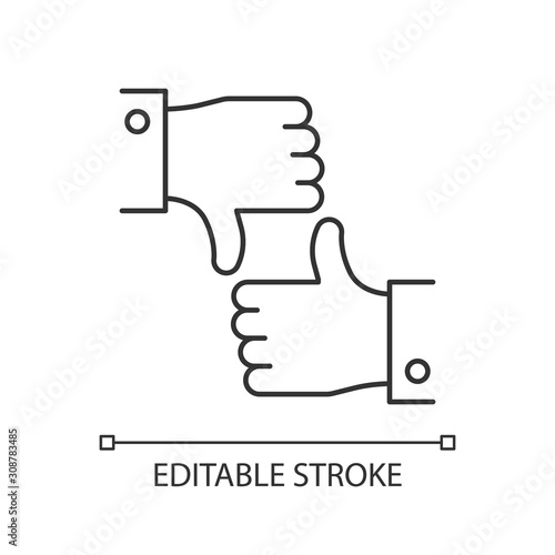 Like and dislike linear icon. Feedback option. Info evaluation. Data online assessment. Hand up and down sign. Thin line illustration. Contour symbol. Vector isolated outline drawing. Editable stroke