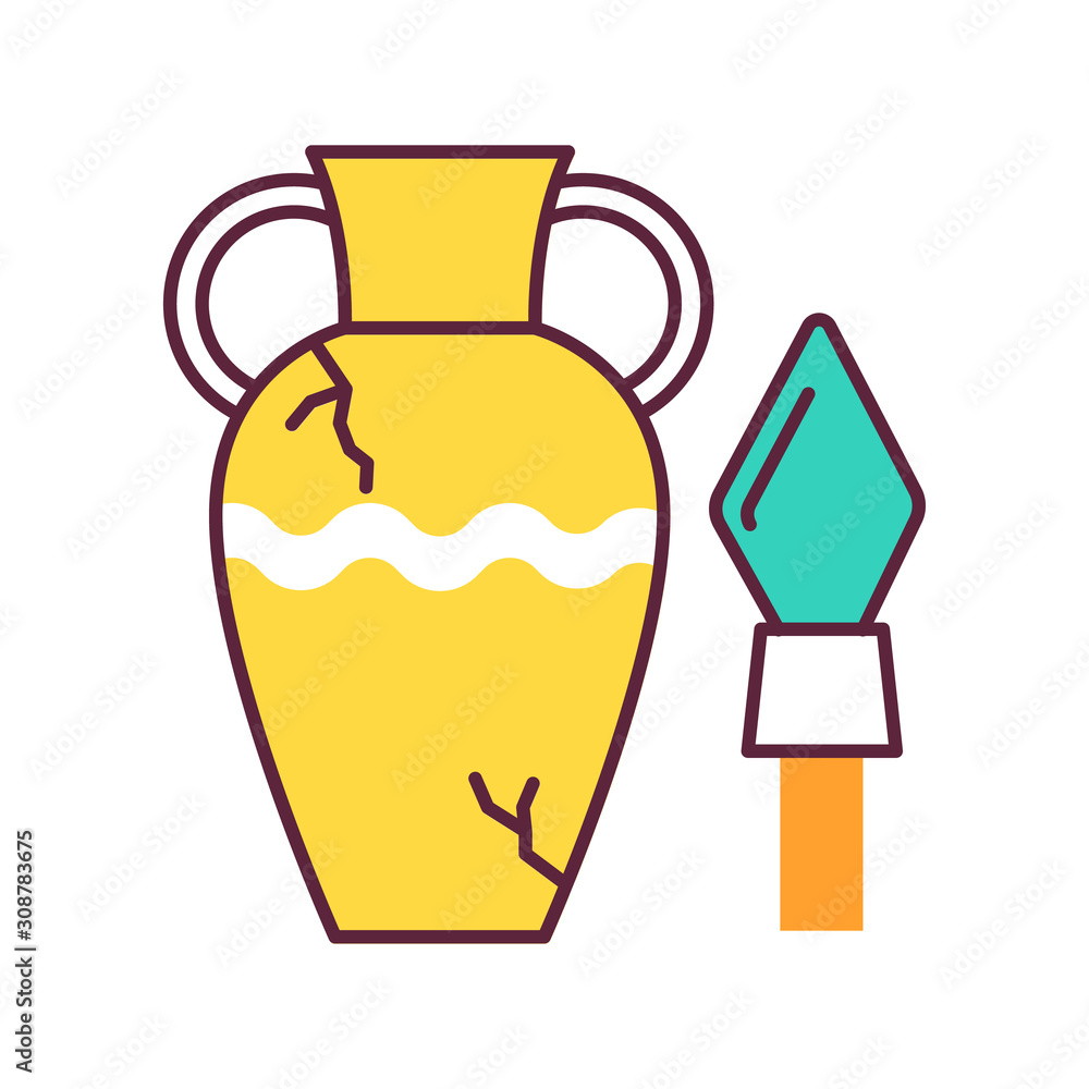 Ancient artifacts color icon. Greek amphora. Roman spear. Old culture. Historical discovery. Cracked clay vase. Spartan weapon. Museum items. Large damaged bowl. Isolated vector illustration
