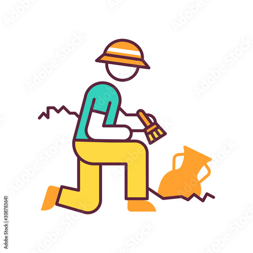 Excavation color icon. Archeologist. Researcher. Ancient culture research. Artifact in ground. Greek amphora. Scientist. Man search old treasures. Historian discover vase. Isolated vector illustration