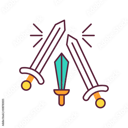 Sword fighting color icon. Weapon clashing. Battling and war. Ancient history. Longswords and broadswords. Military competition. Battlefield. Medieval culture. Isolated vector illustration