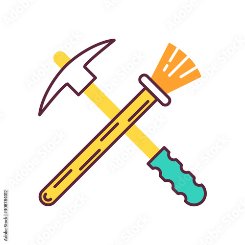 Archeologist tools color icon. Restoration. Renovation equipment. Reconstruction of ancient artifact. Discovery and exploration. Paleontology. Historical search. Isolated vector illustration