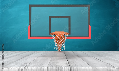 3d rendering of orange basketball ball and basketball hoop on white wooden floor and dark turquoise background