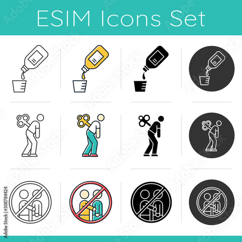 Common cold icons set. Cough syrup. Fatigue syndrom. Avoid people contact. Sleep deprivation. Antibiotic. Flu precaution. Flat design, linear, black and color styles. Isolated vector illustrations