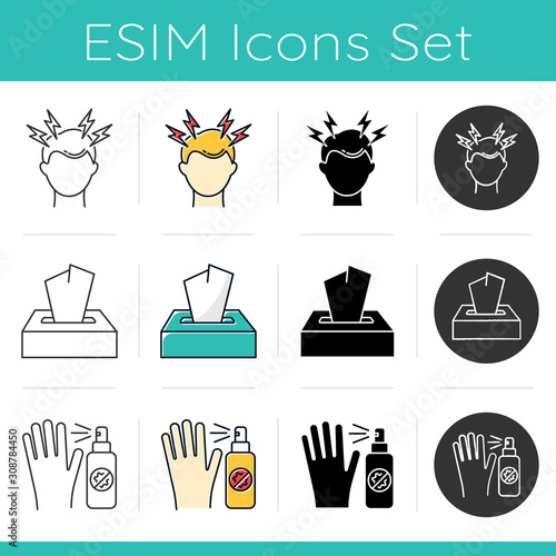 Common cold icons set. Headache. Dispodable wipes. Paper tissues. Antiseptic and antibacterial. Migrane from stress. Flat design, linear, black and color styles. Isolated vector illustrations