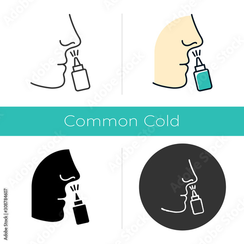 Drip nose icon. Nasal disease. Common cold. Healthcare. Sickness and illness. Medication. Disease treatment. Respiratory sprayer. Flat design, linear and color styles. Isolated vector illustrations