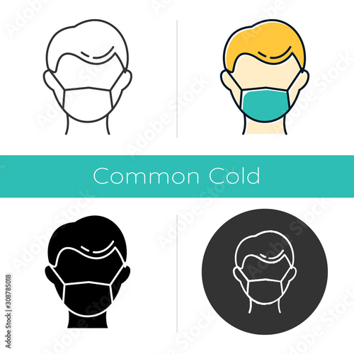 Disposable medical mask icon. Common cold. Influenza prevention. Flu precaution. Contagious disease. Medical worker. Healthcare. Flat design, linear and color styles. Isolated vector illustrations
