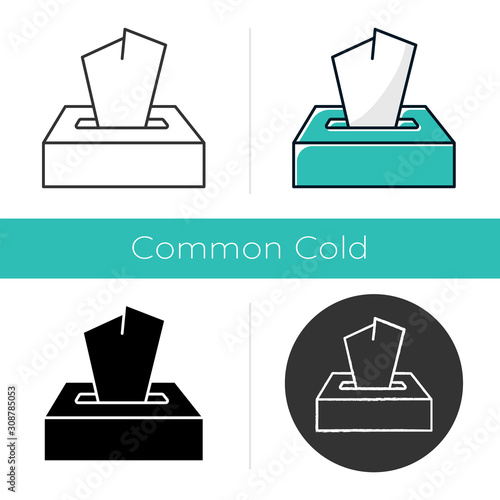 Disposable wipes icon. Box with tissues. Toilet paper. Handkerchief. Cleansing product. Napkin for sanitary. Bathroom items. Flat design, linear and color styles. Isolated vector illustrations