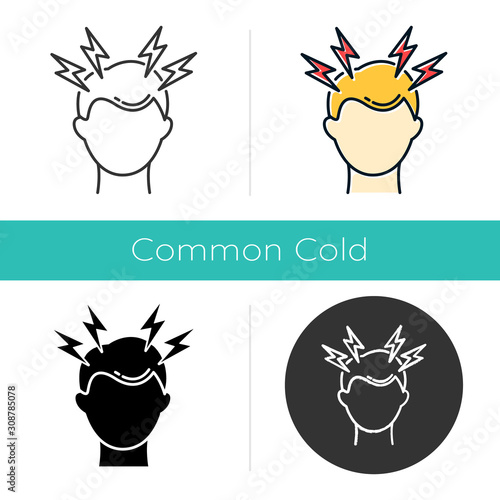Headache icon. Migraine. Head pain. Common cold symptom. Healthcare. Healthcare. Pressure and tension. Anxiety and stress. Flat design, linear and color styles. Isolated vector illustrations