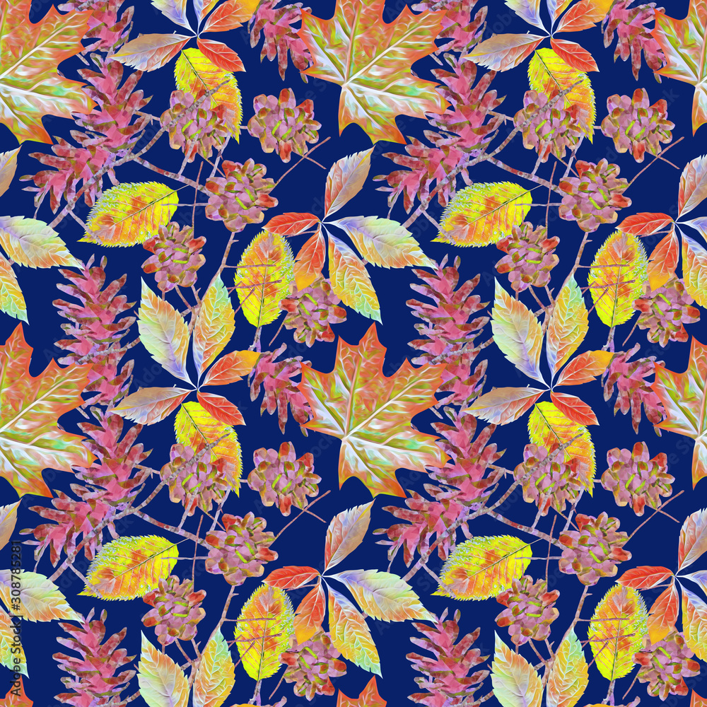 Pine cones with leaves seamless pattern.