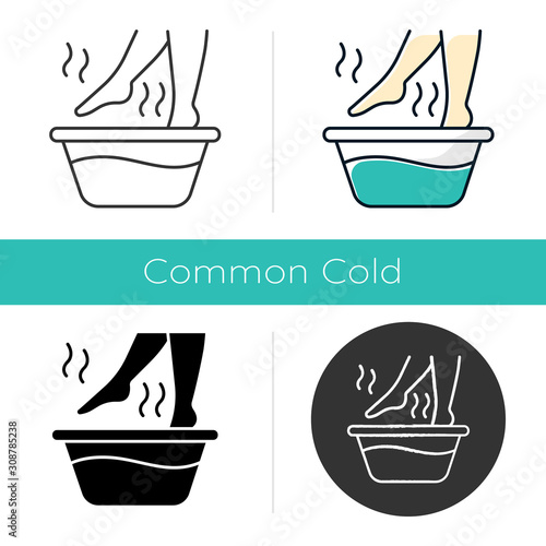 Foot bath icon. Leg in hot water. Spa treatment. Common cold treatment. Healthcare and skincare. Wellness. Flu aid. Sickness help. Flat design, linear and color styles. Isolated vector illustrations
