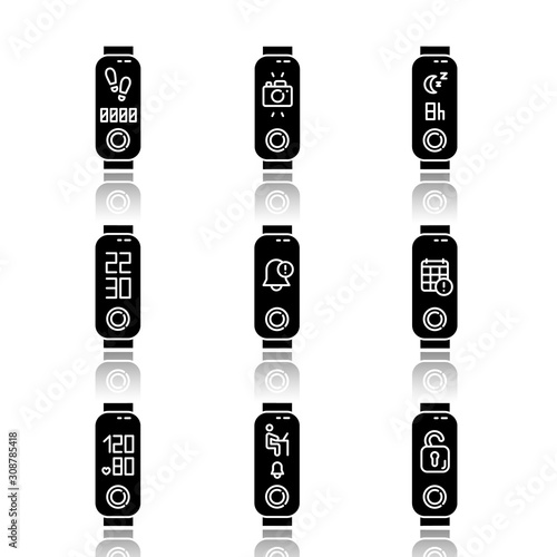 Fitness tracker functions drop shadow black glyph icons set. Active lifestyle accessory for health control. Wellness device with digital calendar, step counter. Isolated vector illustrations