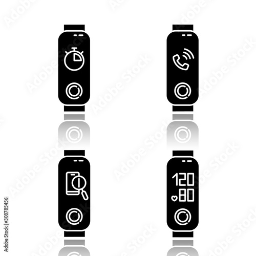 Fitness tracker functions drop shadow black glyph icons set. Weelness accessory with incoming call and lost phone location option. Blood pressure and stopwatch pictogram. Isolated vector illustrations