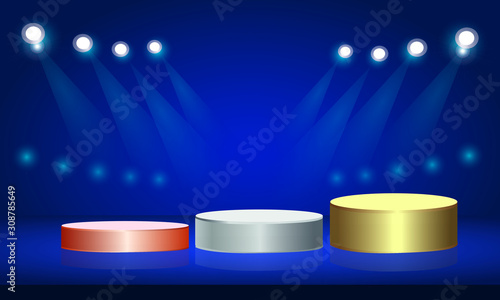 Podium, scene for the award ceremony of the three winners on a black background. Vector illustration
