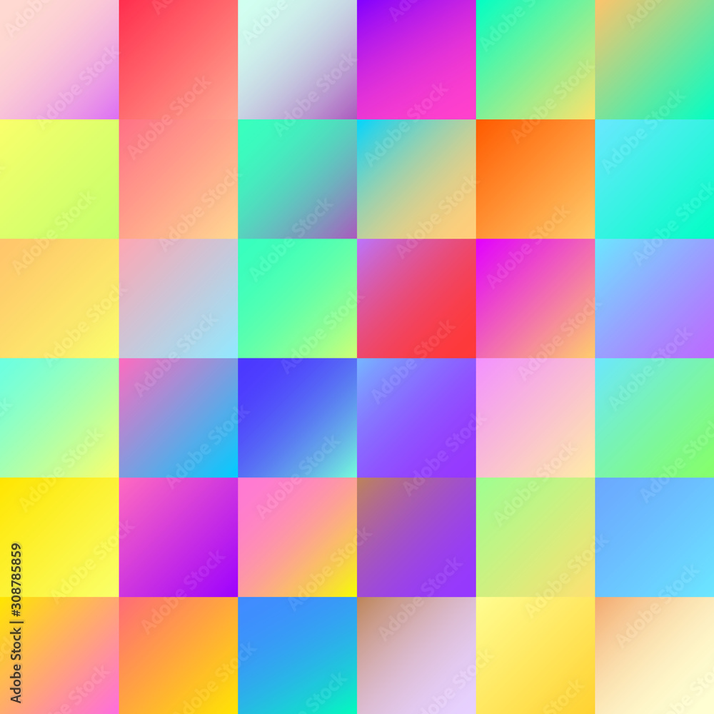 Holographic gradient examples palette. Multicolor green purple yellow orange pink cyan fluid circle gradients, colorful soft or vivid color flat vector set