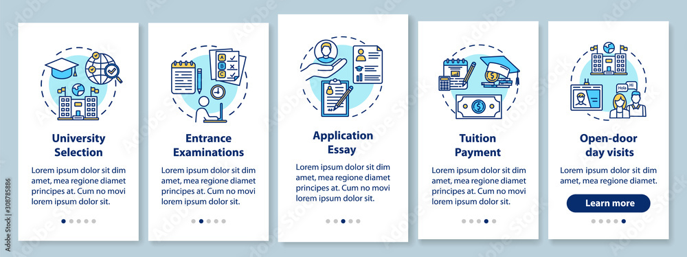 Naklejka premium University entrance onboarding mobile app page screen with linear concepts. Tuition payment. Essay, exam. Five walkthrough steps graphic instructions. UX, UI, GUI vector template with illustrations