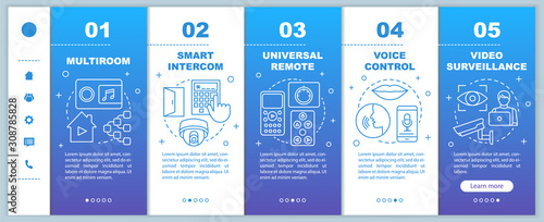 Smart home onboarding mobile web pages vector template. Automation systems Responsive smartphone website interface idea with linear illustrations. Webpage walkthrough step screens. Color concept