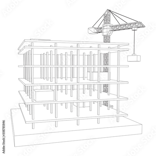Building under construction with crane. Build house construct in process. Wireframe low poly mesh vector illustration