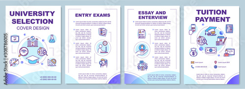 University entrance brochure template. Essay and interview. Flyer, booklet, leaflet print, cover design with linear icons. Vector page layouts for magazines, annual reports, advertising posters
