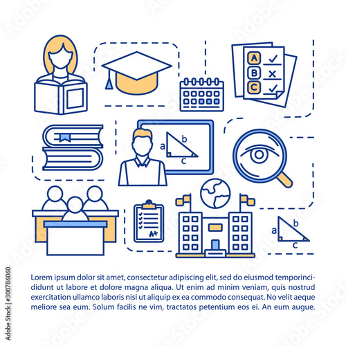 University entrance concept icon with text. Study for education. College course, school tests. Article page vector template. Brochure, magazine, booklet design element with linear illustrations