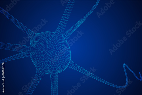 Neuron system wireframe mesh model. Low poly vector illustration. Science and medical healthcare concept