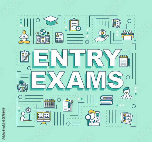Entry exam word concepts banner. Academic education. College acceptance. School exams. Presentation, website. Isolated lettering typography idea with linear icons. Vector outline illustration