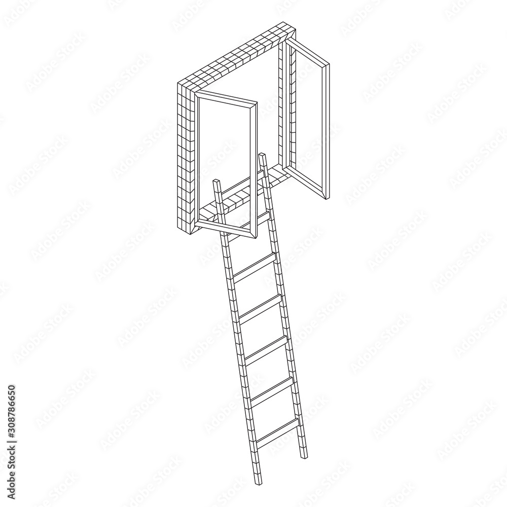 Ladder with open window. Business concept in opportunity. Wireframe low poly mesh vector illustration.