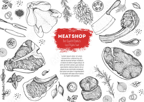 Meat top view frame. Vector illustration. Engraved design. Hand drawn illustration. Pieces of meat design template.