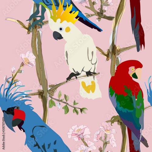 Three vibrant cockatoo parrots are sitting on tree branches in delicate pink flowers seamless vector illustration. Picture with exotic bird on pink background. Endless pattern.