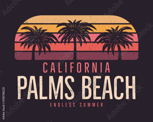 California Palms Beach Graphic for T-Shirt, prints. Vintage hand drawn 90s style emblem. Retro summer travel scene, unusual badge. Surfing Adventure Label. Stock vector