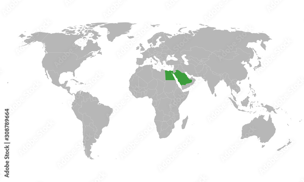 Egypt saudi map highlighted green on world map vector. Gray background. Perfect for Business concepts, backgrounds, backdrop and wallpapers.
