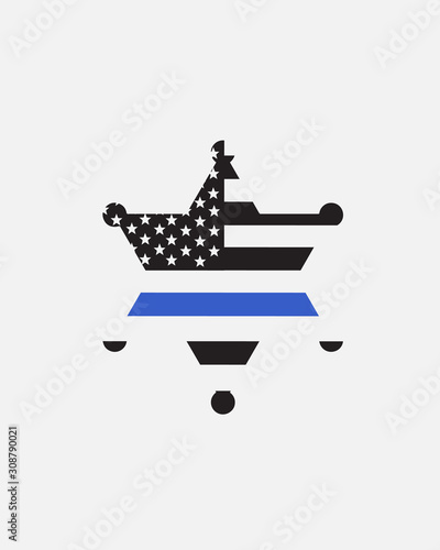 Law Enforcement Sheriff Police Badge Silhouette with Blue Stripe Flag in Shape Isolated Background