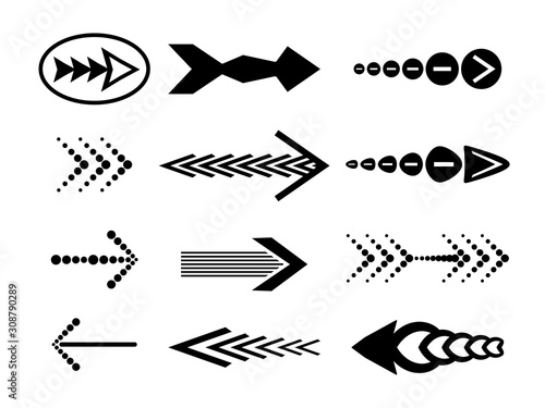 Vector black arrows of various kinds, icons. For business design, infographics. Monochrome pointers. Isolated light background.
