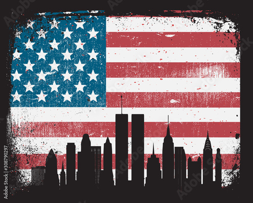 Never Forget September 11, 2001 NYC Skyline Silhouette on American Flag Grunge Background
