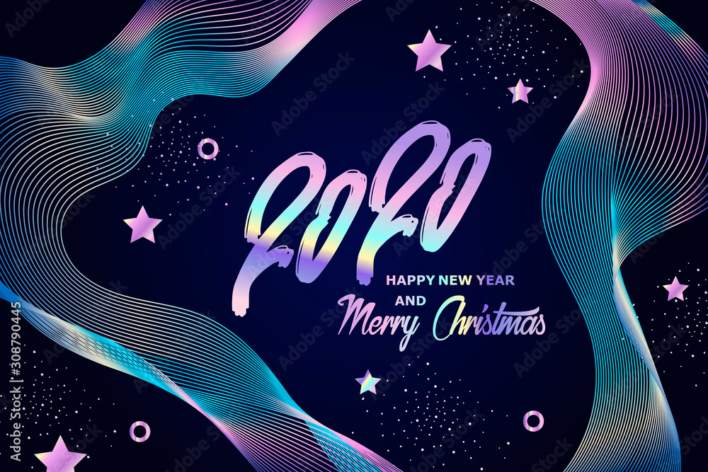 Happy New Year 2020. Magic design. Template for greeting card, invitation, poster, flyer. Decorative christmas banner. Lettering. Pink and blue colors. Vector illustration