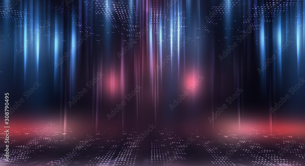 Futuristic abstract neon background, geometric shapes. Abstract light, rays and lines. Empty night scene.