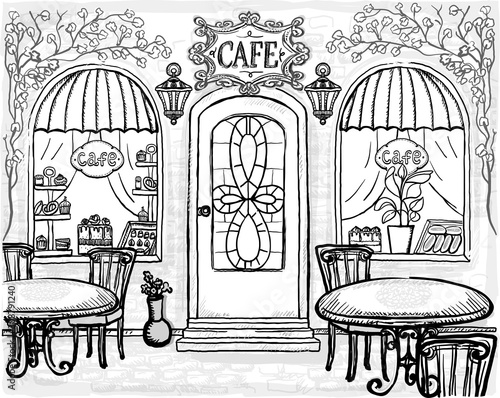 Street cafe sketch graphic illustration, hand drawn