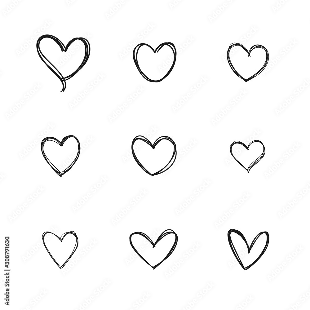 Heart doodles, linear illustration. Hand drawn love hearts.