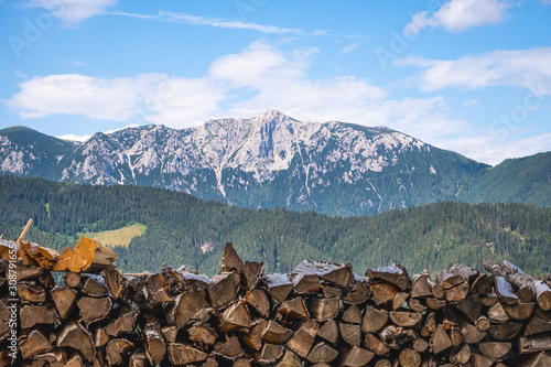 Wood pile and mountain Raduha in Kamnik–Savinja Alps, Slovenia photo