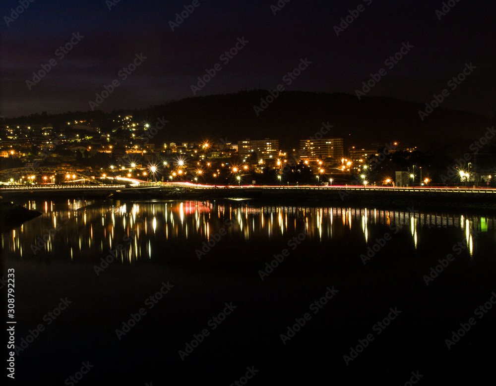 Night view from a bridge of Ría de Pontevedra