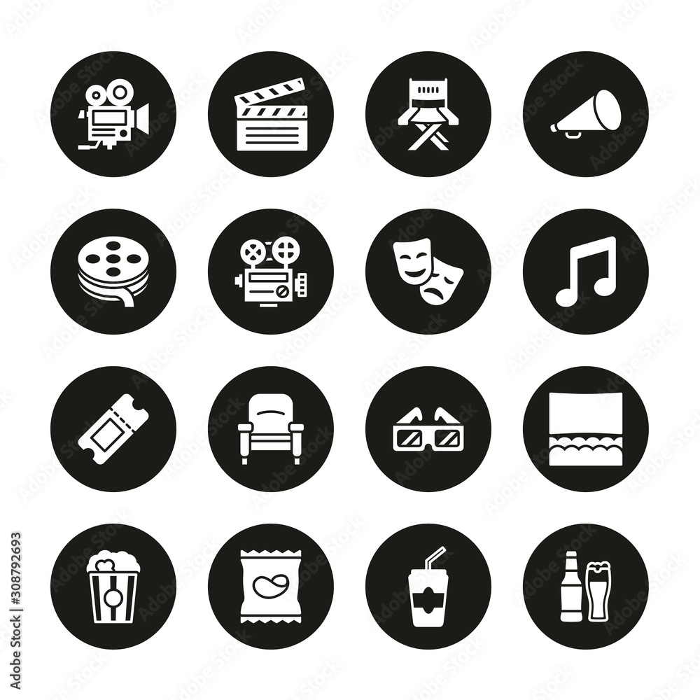Movie Icons White On Black Circle Set Movie Icons White On Black Circle Set