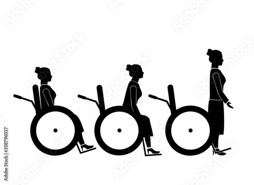 woman in a wheelchair. rises from the chair. recovery. vector illustration.