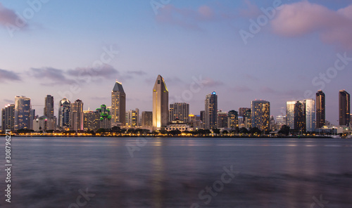 San Diego skyline at dusk with San Diego Bay and clouds