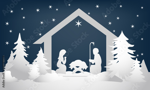 Christmas nativity scene with holy family winter night. Vector ornament