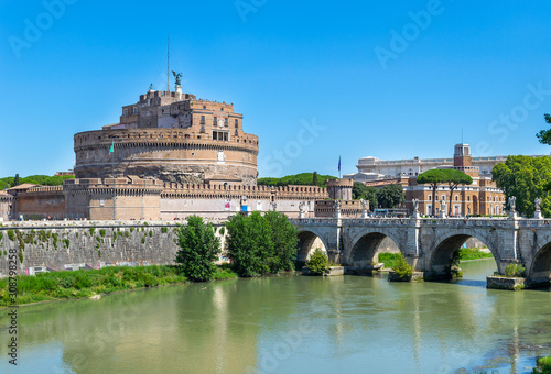 Saint Angel Castle, Saint Angel Bridge and River Tiber in sunny day. 
