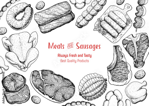 Meat products top view frame. Vector illustration. Engraved design. Hand drawn illustration. Pieces of meat design template. Great for package design. Chicken, beef, pork, sausage, lamb, ham sketch
