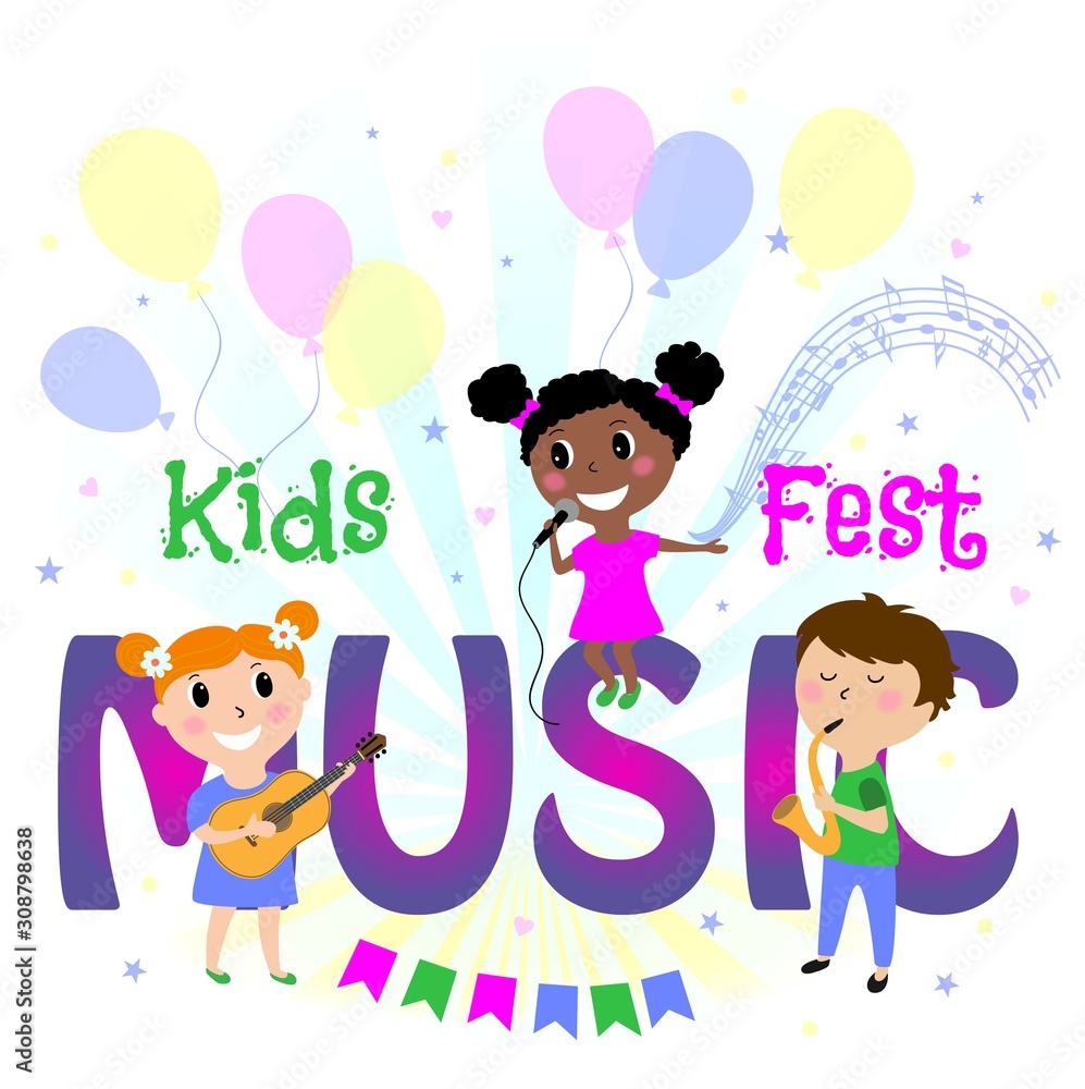 Illustration of kids playing different musical instruments. Vector design of banner poster design template for Kids Illustration of kids playing different musical instruments. Vector design of banner poster design template for Kids