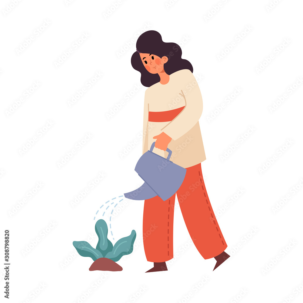 Girl gardener watering plant with a watering can. Vector illustration in flat cartoon style.