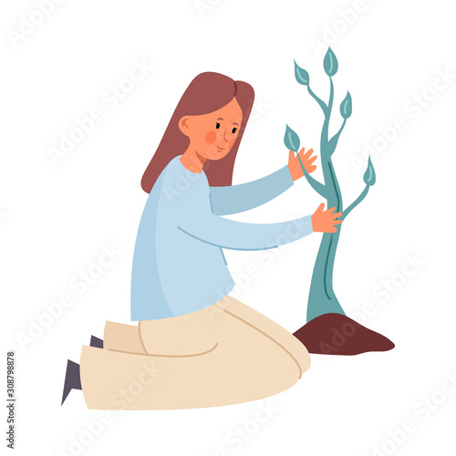 Girl gardener caring for a transplanted plant. Vector illustration in flat cartoon style.